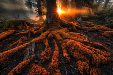 Naklejka premium Sunbeams pierce a misty forest, illuminating vibrant moss-covered roots