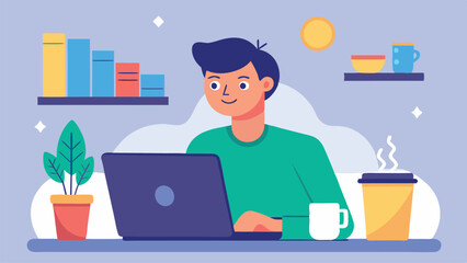 Vector illustration of a woman working on a laptop in a cozy workspace with plants and decor elements in a pleasant indoor environment during daytime