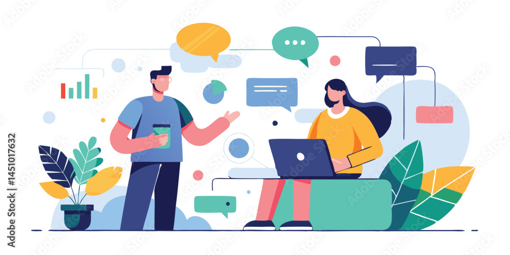 Aufkleber Vector illustration of two professionals discussing ideas in a modern workspace with colorful speech bubbles and plants around
