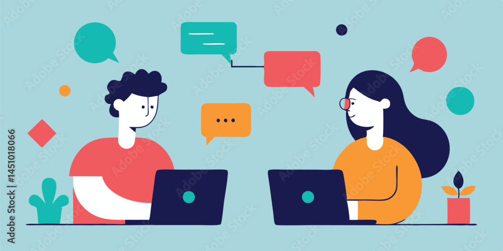 Leinwandbilder vector illustration of two professionals discussing ideas in a modern workspace with colorful speech