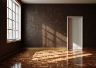Obraz premium Sunlit empty room with wooden floor.