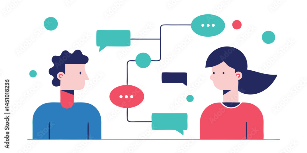 Poster vector illustration of two diverse individuals engaged in conversation with speech bubbles represent