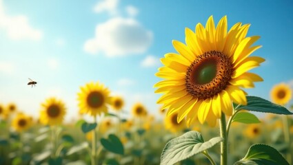 Obraz premium Vibrant summer landscape with sunflowers and clear sky