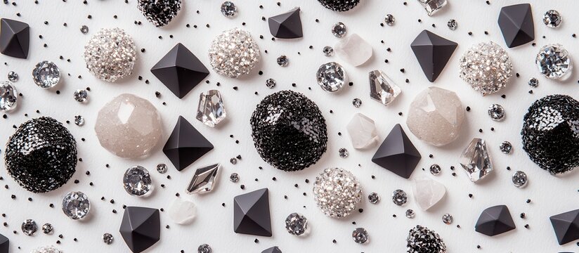 Black and white crystals, rhinestones and embellishments scattered on a white surface