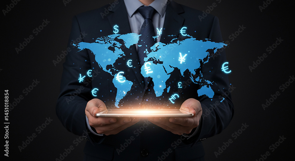 Aufkleber a man holding a tablet showing a world map with currency symbols floating above the device screen se