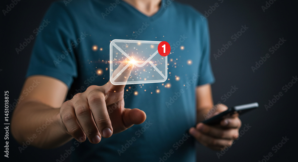 Poster person pointing at a translucent email icon with a notification while holding a smartphone in hand s
