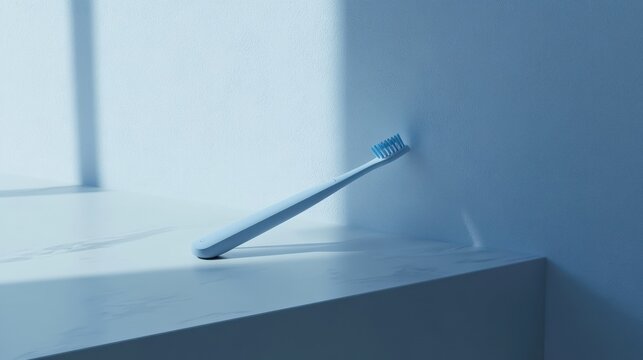 Minimalist Toothbrush Product Photography: A serene blue-toned image showcasing a modern electric toothbrush resting on a pristine marble surface, bathed in soft natural light.