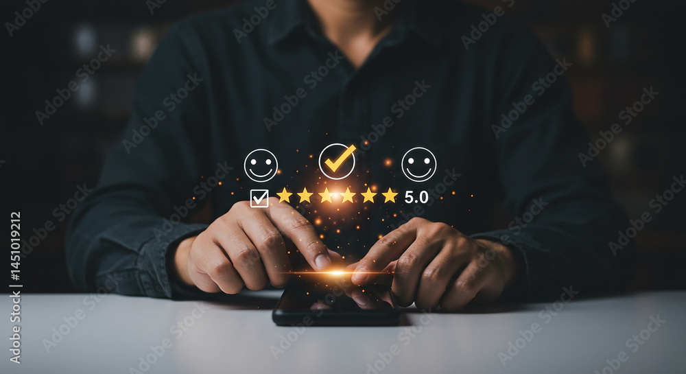 Poster person interacting with a digital interface displaying a star rating and feedback options on a phone