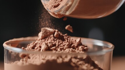 Chocolate Protein Powder Being Poured into Measuring Cup