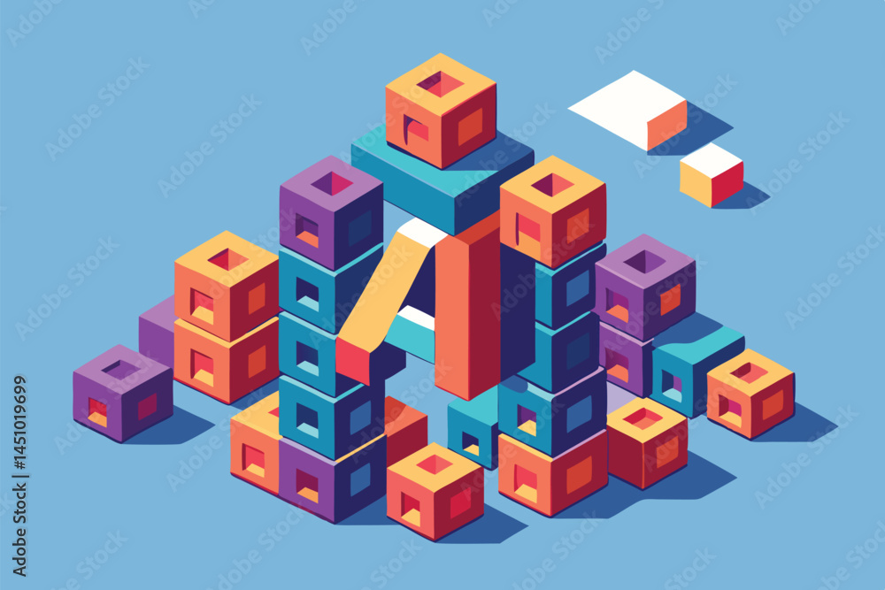 Poster colorful vector illustration of a stylized robot made of blocks, showcasing a playful design with br