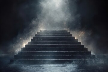 Dark, misty stairs leading upwards.  Glowing light effect on steps