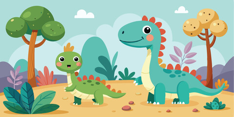 Naklejka premium Cheerful dinosaur standing in a colorful landscape with rocks, plants, and trees, perfect for children's illustrations or educational materials