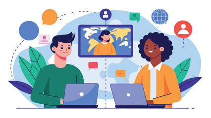Two professionals collaborating online in a colorful digital workspace while interacting with a virtual presenter and sharing ideas via laptops