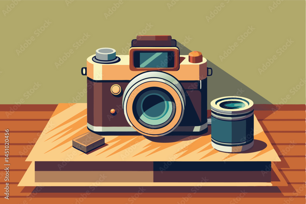 Aufkleber vintage camera with film roll and developing tank on wooden surface illuminated by warm light in cre