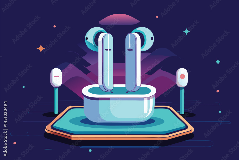 Poster dynamic vector illustration of a futuristic gadget on a sleek platform, surrounded by glowing citysc