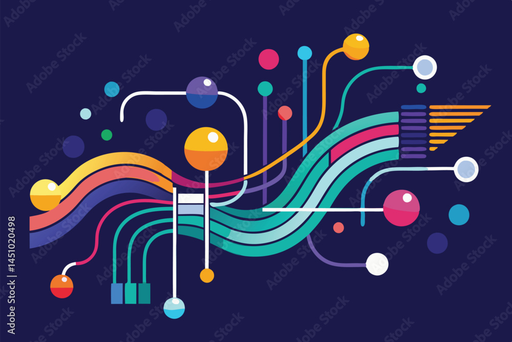 Aufkleber Colorful vector illustration representing data visualization with colorful charts, lines, and geometric shapes on a dark background