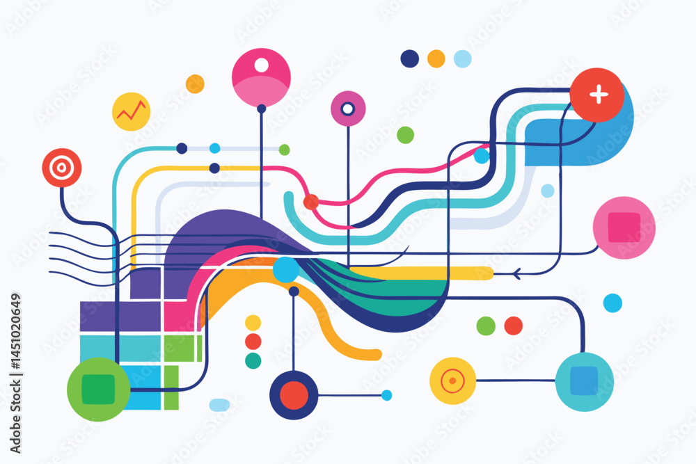 Poster Colorful vector illustration representing data visualization with colorful charts, lines, and geometric shapes on a dark background