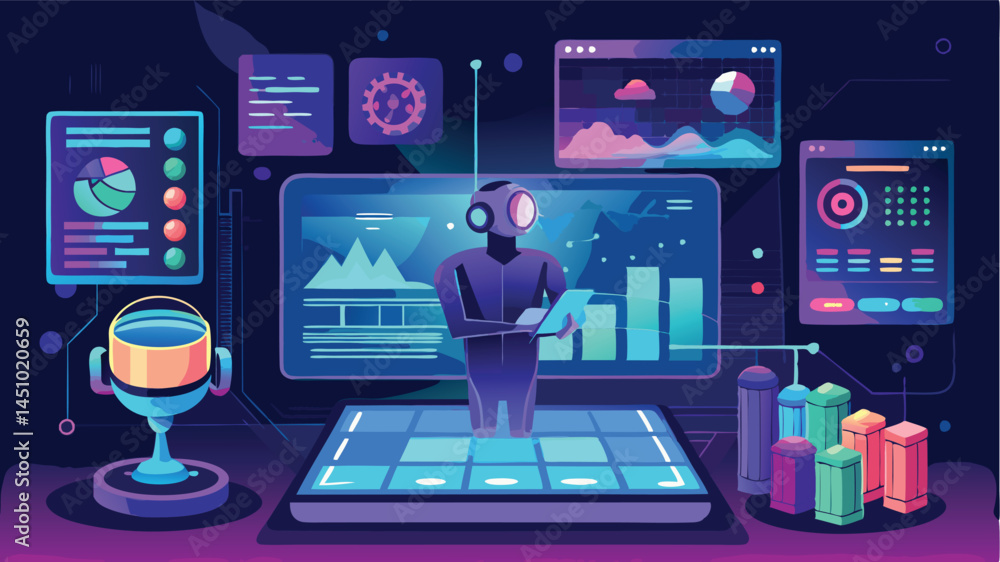 Poster vector illustration showcasing a futuristic robot analyzing data and charts in a digital environment