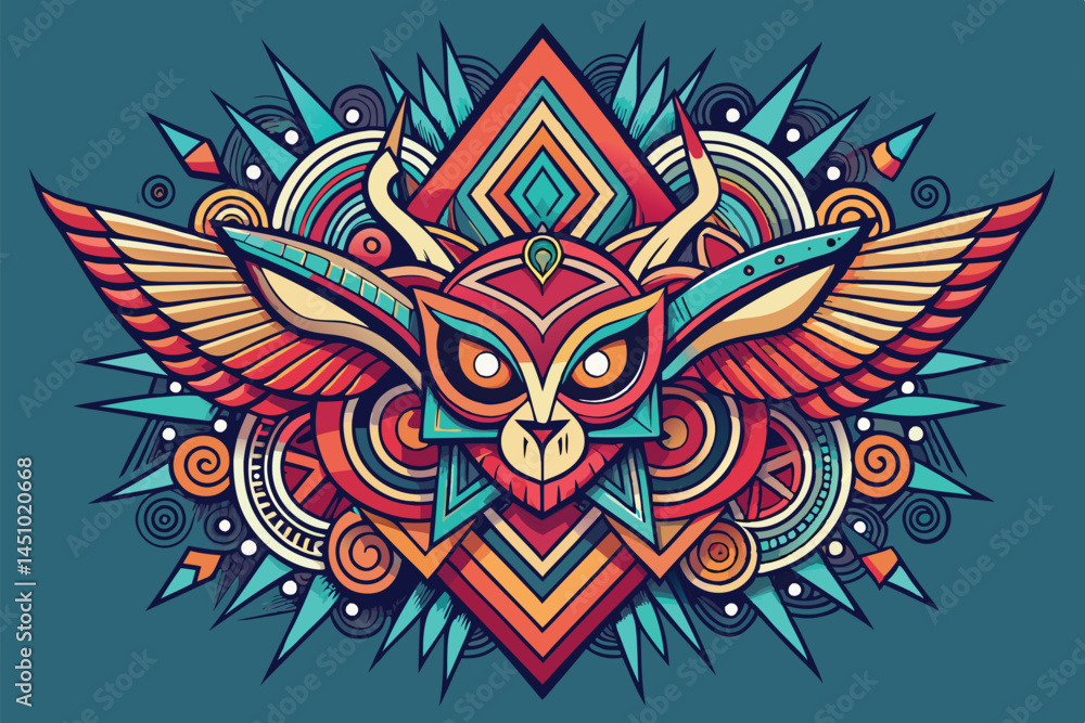 Poster colorful winged animal vector illustration featuring geometric shapes and intricate patterns on a bl