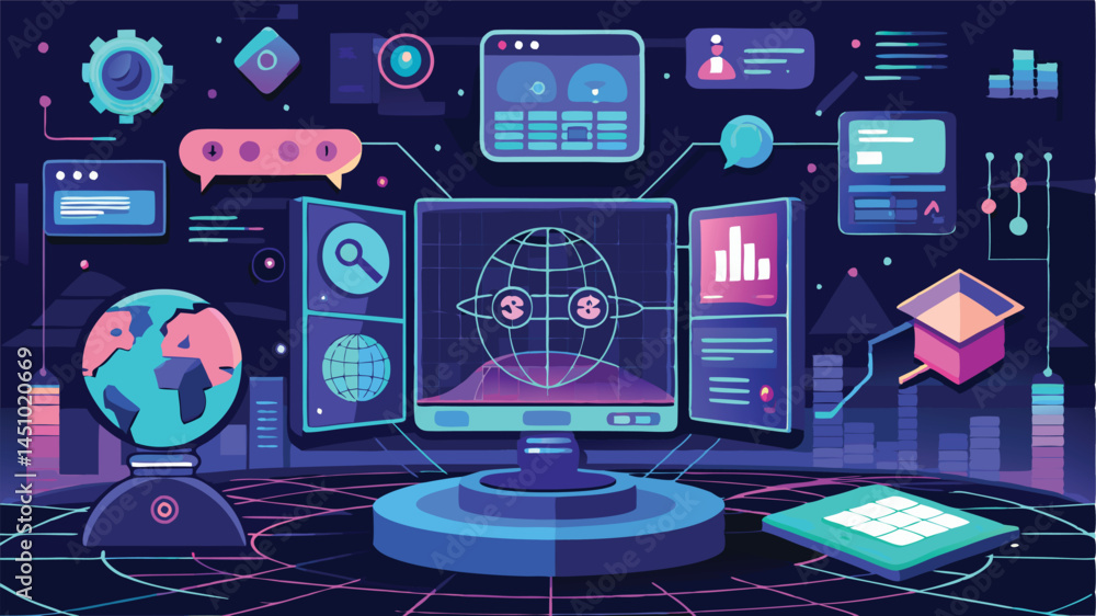 Poster vector illustration showcasing a futuristic robot analyzing data and charts in a digital environment