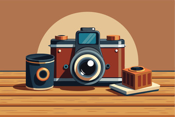Fototapeta premium Vintage camera with film roll and developing tank on wooden surface illuminated by warm light in creative setting