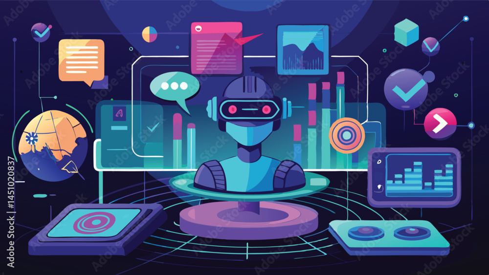 Poster vector illustration showcasing a futuristic robot analyzing data and charts in a digital environment