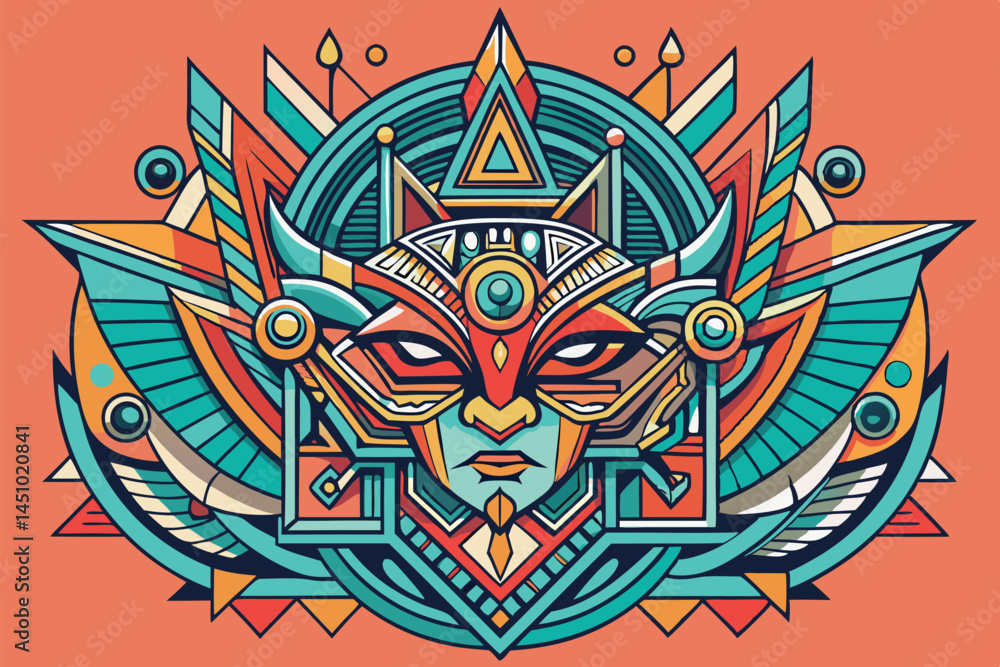 Poster colorful winged animal vector illustration featuring geometric shapes and intricate patterns on a bl