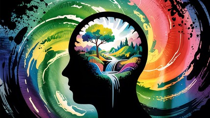 Silhouette head with landscape inside and colorful background