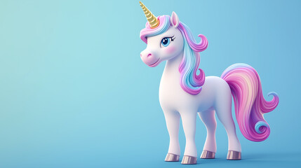 Fototapeta premium Cute Unicorn in Front of Beautiful Background Beautiful Horse with One Unicorn Magical Rainbow Colors in Greeting Card Adorable Unicorn as Trendy Background Lovely Cartoon of Pony, one Horn