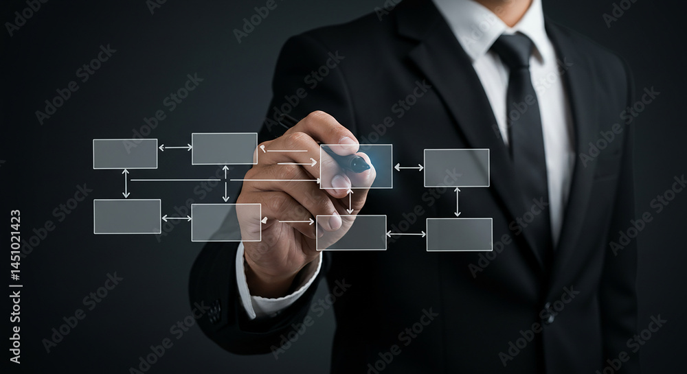 Poster businessman in suit drawing a flowchart with a pen on a transparent surface in a dark setting sellin