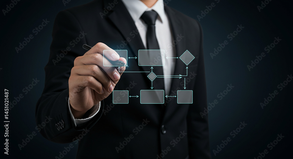 Poster man in suit drawing a flow chart diagram with a stylus on a transparent surface interface selling, p