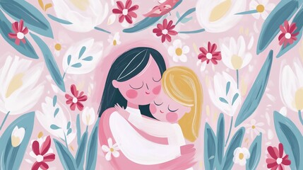 Mother hugging a daughter surromded by white tulips. Concept of Mother&rsquo;s Day, warmth, parenthood, motherhood, parental love and care, relationship, daughterhood, flowers