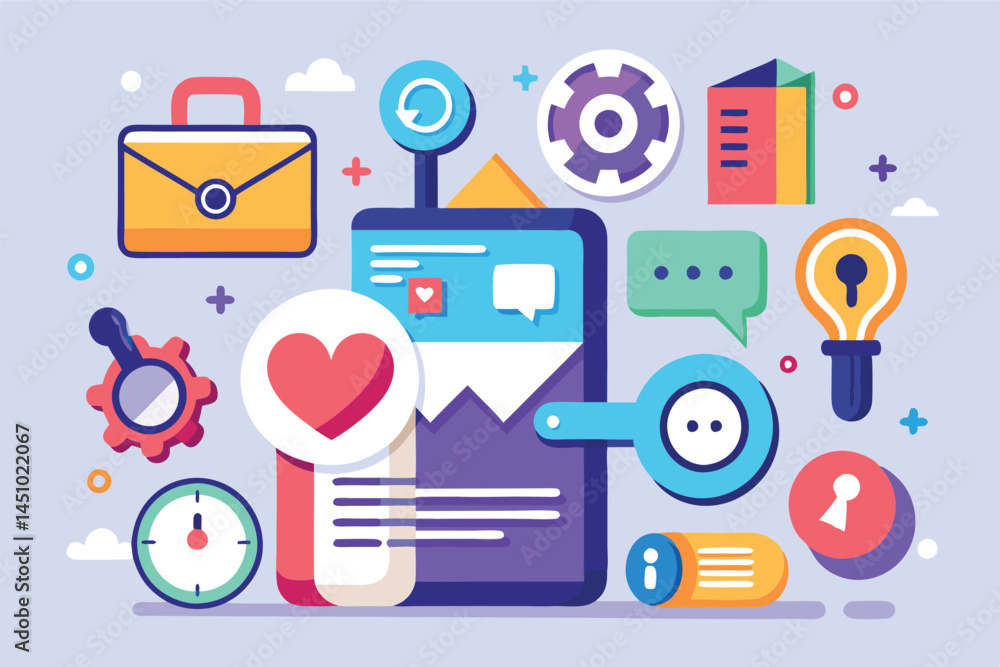 Poster Colorful vector illustration depicting a mobile device surrounded by various icons representing communication, technology, and productivity in a modern digital environment