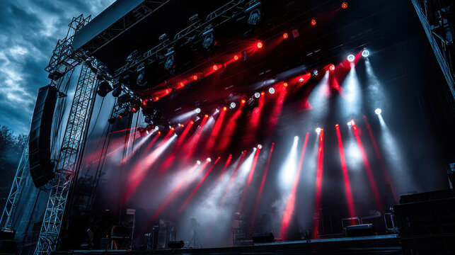 A concert stage illuminated by vibrant red and white lights cuts through the smoky atmosphere, creating an electrifying visual experience for the ence below.