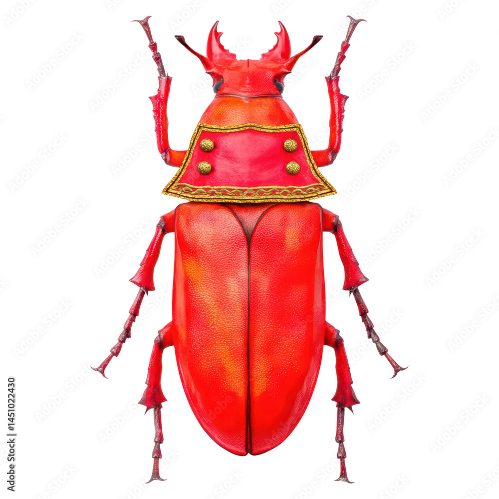 Poster vibrant red beetle with intricate details and unique patterns on its exoskeleton in a white backgrou