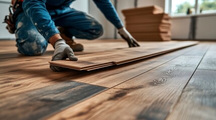 Worker Installing Wooden Flooring in a Modern Home Setting