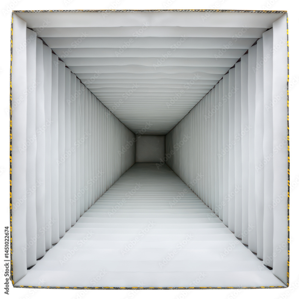 Poster endless perspective of an empty white corridor with soft lighting and textured walls, isolated on tr