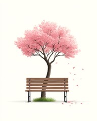 Pink Cherry Blossom Tree and Wooden Bench on White,spring