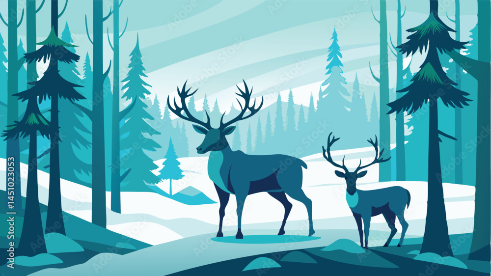 Aufkleber deer family in a serene forest landscape during winter with snow-covered ground and evergreen trees 