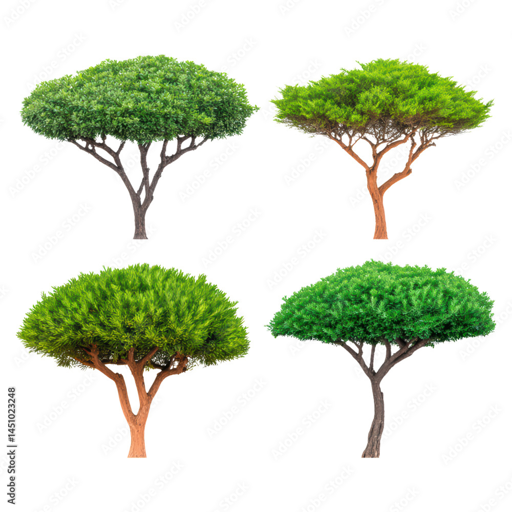 Poster four unique tree types with varied foliage and distinctive trunks for nature and landscape designs, 