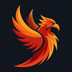 Fototapeta premium Fiery Phoenix: A majestic phoenix, its plumage ablaze with vibrant orange and red hues, takes flight against a dark background. Its powerful wings outstretched, it embodies strength, rebirth.
