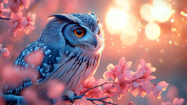Twilight owl resting among delicate petals high resolution photo