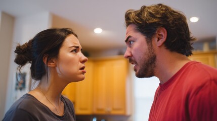 Fototapeta premium A couple engaging in a tense argument at home.