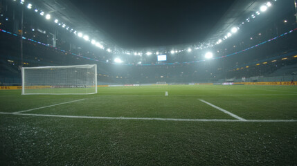 An impressive football stadium at night is illuminated by bright floodlights over the empty green pitch ready for the upcoming match or competition event now.