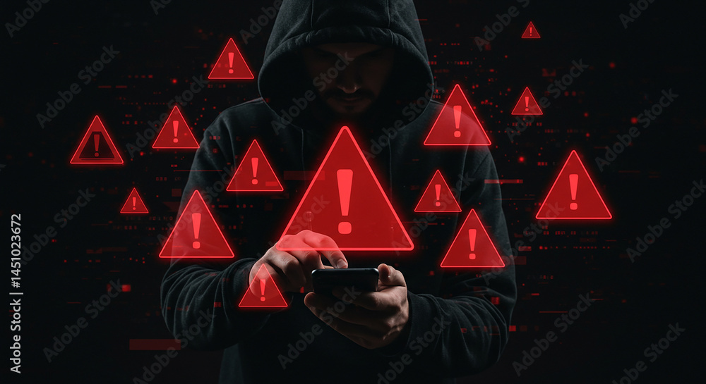 Poster person in hoodie using phone amidst red warning signs against a dark background creating a cyber thr