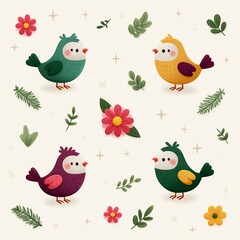 Cute Cartoon Birds and Flowers Pixel Art Illustration,spring