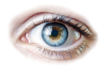 Fototapeta premium A sharp close-up of a blue-green eye with distinct veins in the sclera and detailed lashes, isolated on white background.PNG