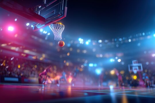Exciting basketball action under the bright lights of a packed arena during a thrilling game