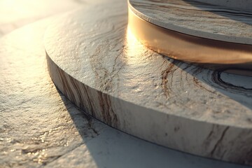 Close-up view of curved stone surfaces reflecting sunlight in a serene outdoor setting during golden hour