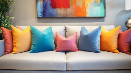 Colorful throw pillows on a light beige sofa.